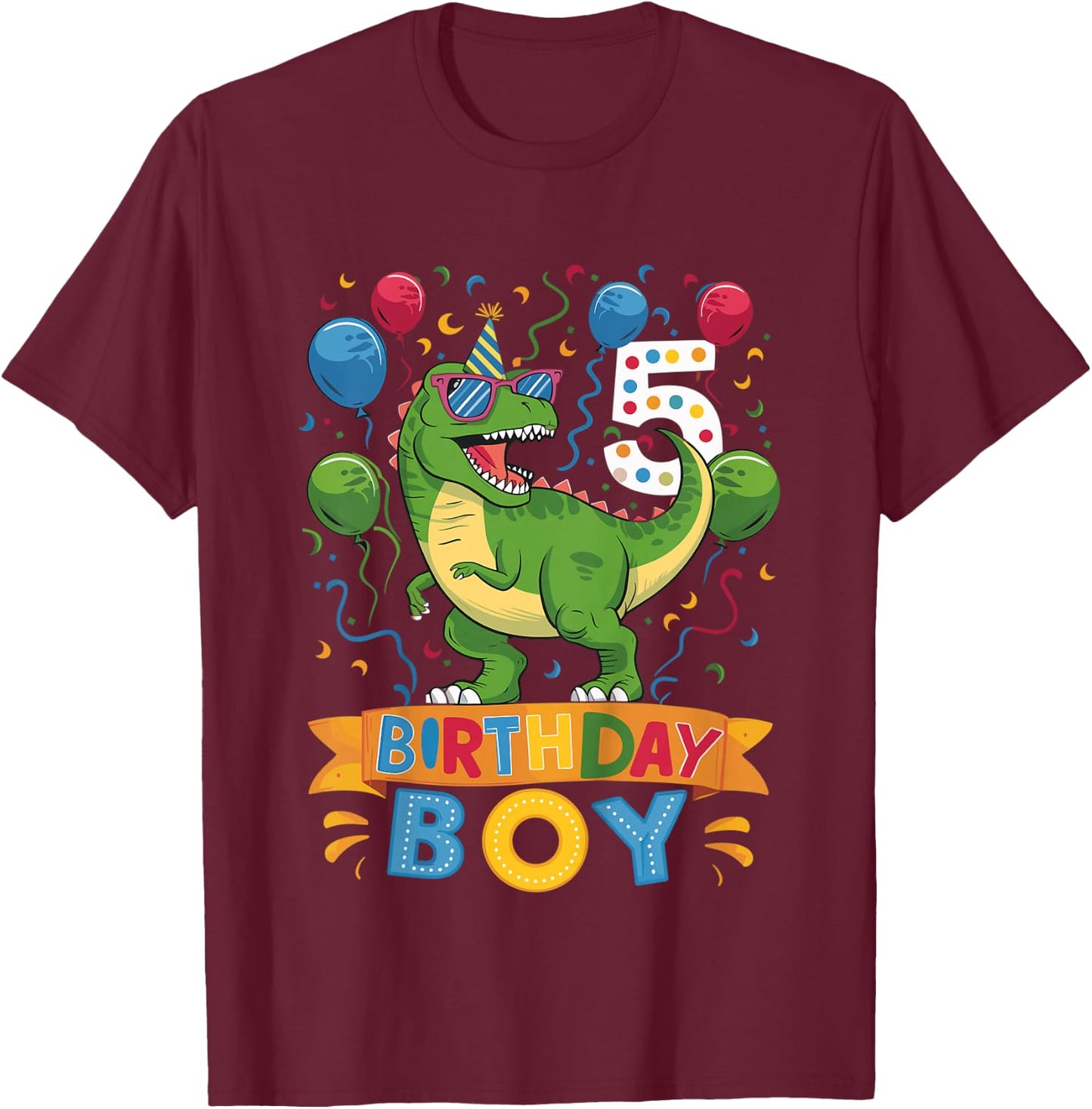Kids 5 Year Old T Rex Dinosaur 5nd Birthday Boy T-Shirt - T-Shirt | Maroon