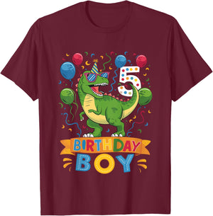 Kids 5 Year Old T Rex Dinosaur 5nd Birthday Boy T-Shirt - T-Shirt | Maroon