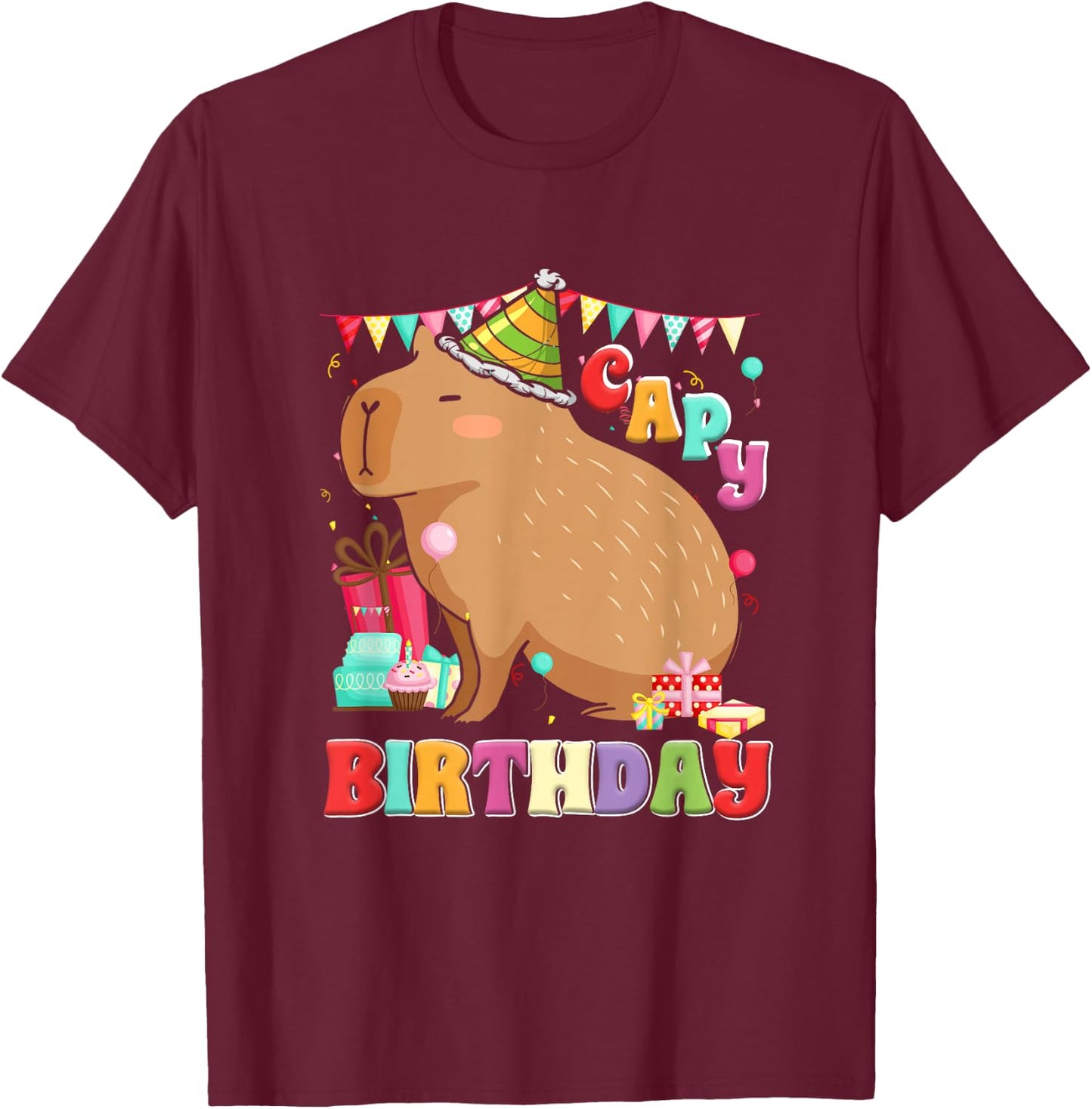 Capy Birthday Capybara Rodent Birthday Party - Children, Teenagers, Capybara Fans, Birthday Party - Children - Black - S - Cartoon - Capybara Birthday Shirt T-Shirt - T-Shirt | Maroon