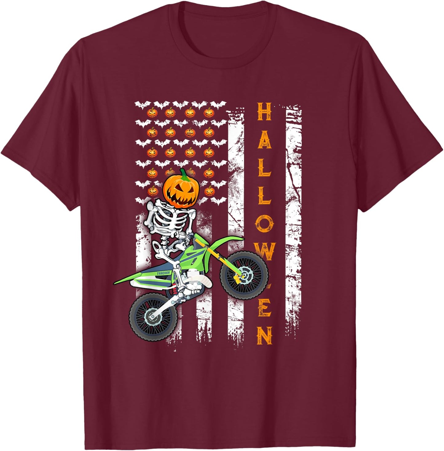 US Flag Skeleton Dirt Bike Halloween Motocross Biker T-Shirt - T-Shirt | Maroon