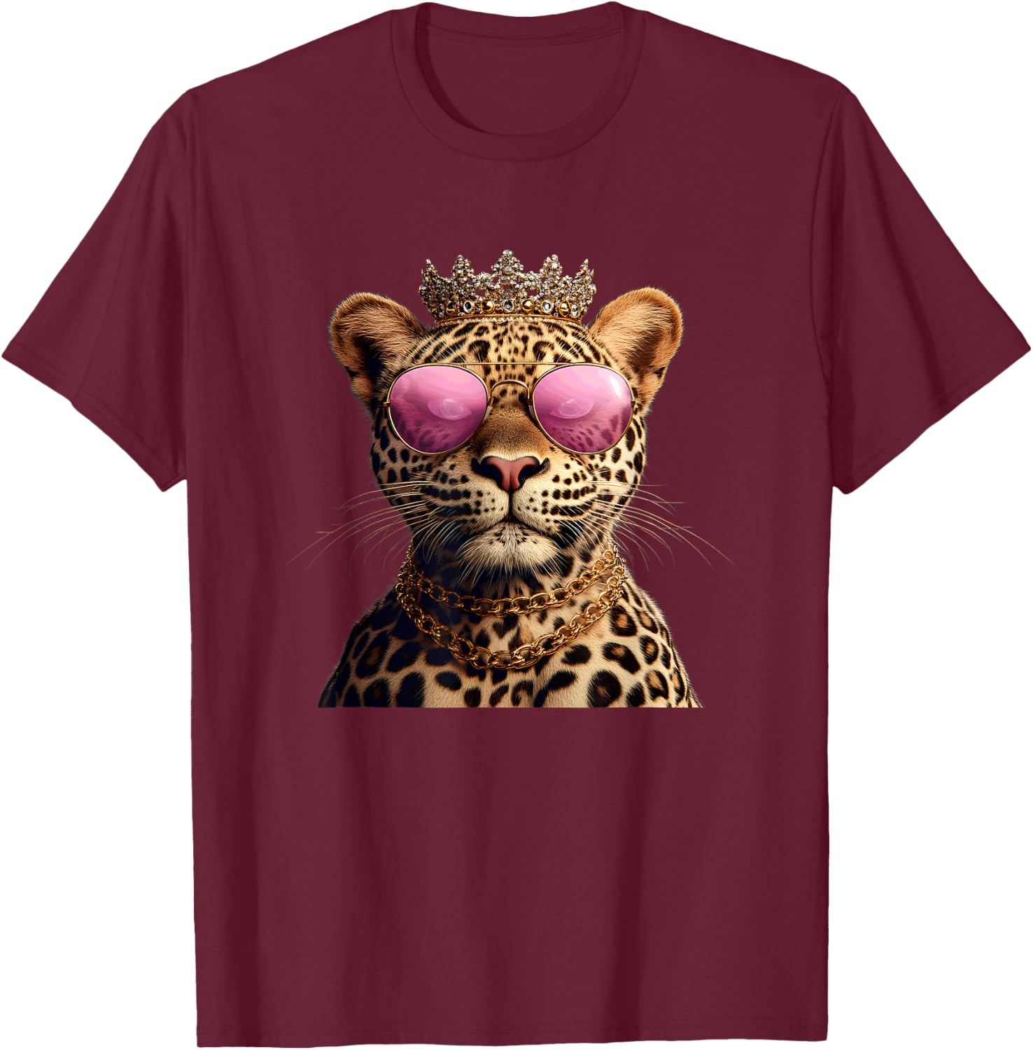 Crowned Leopard With Sunglasses And Chains T-Shirt - T-Shirt | Maroon