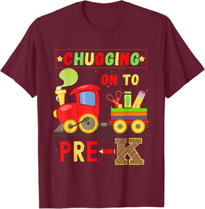 Kids First Day Of Pre-K: Chugging In To Pre-K T-Shirt - T-Shirt | Maroon
