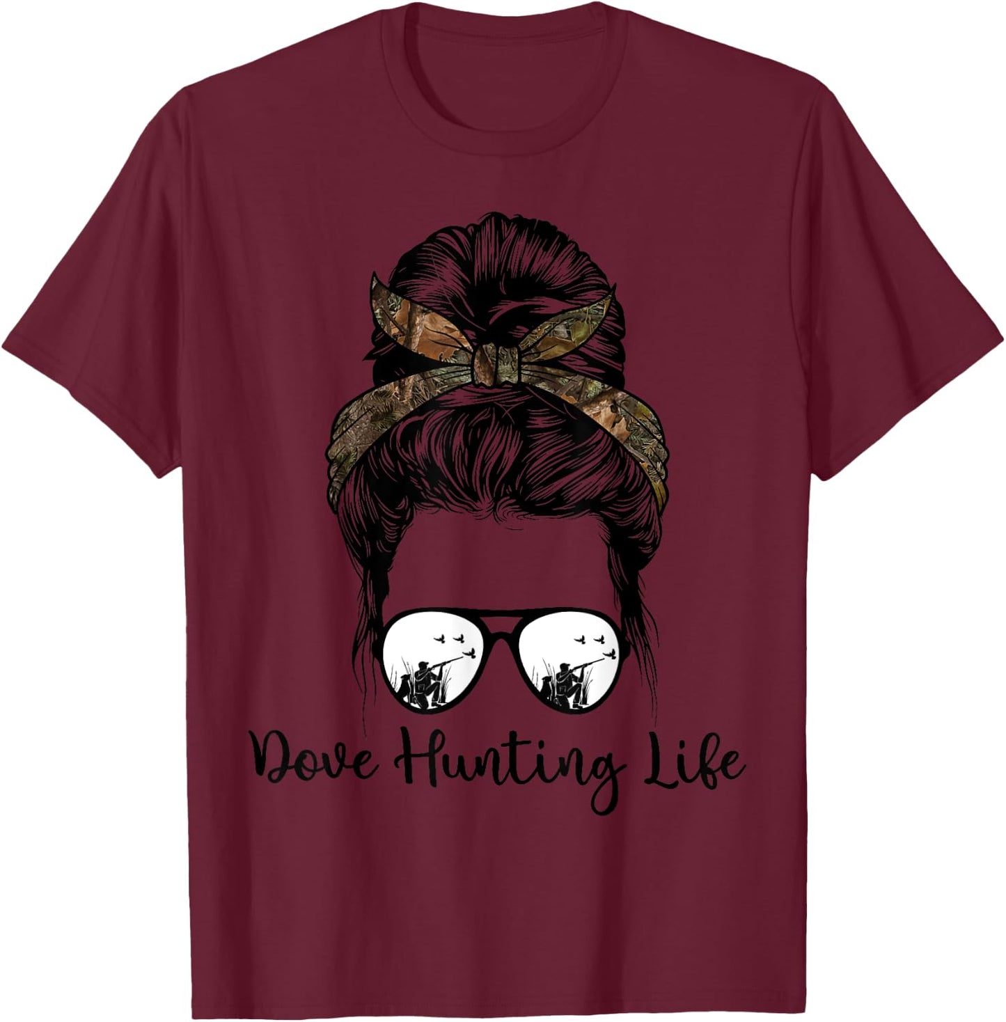 Messy Bun Dove Hunter Women’s Camouflage Hunting T-Shirt - T-Shirt | Maroon
