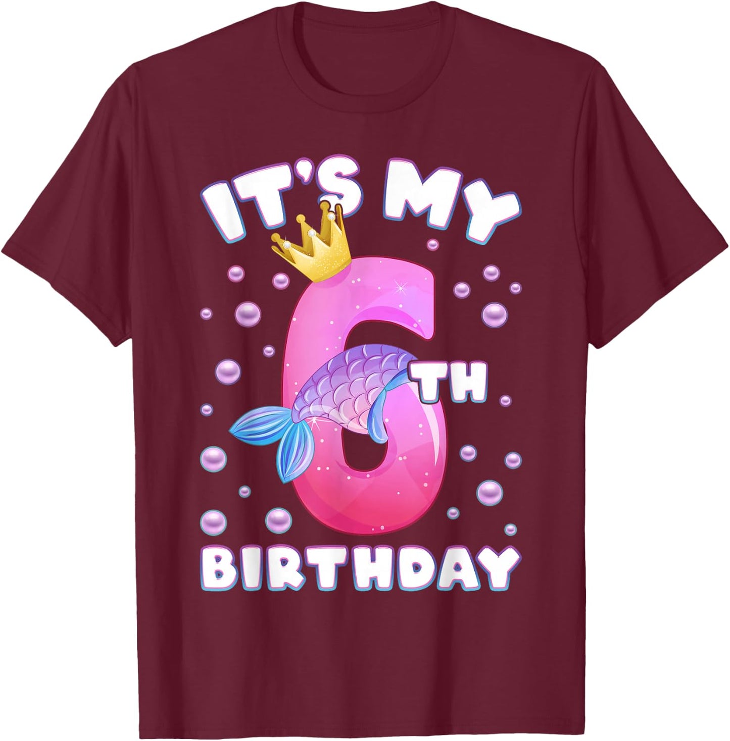 6th Birthday, Girl, Mermaid Fin, Number 6 T-Shirt - T-Shirt | Maroon