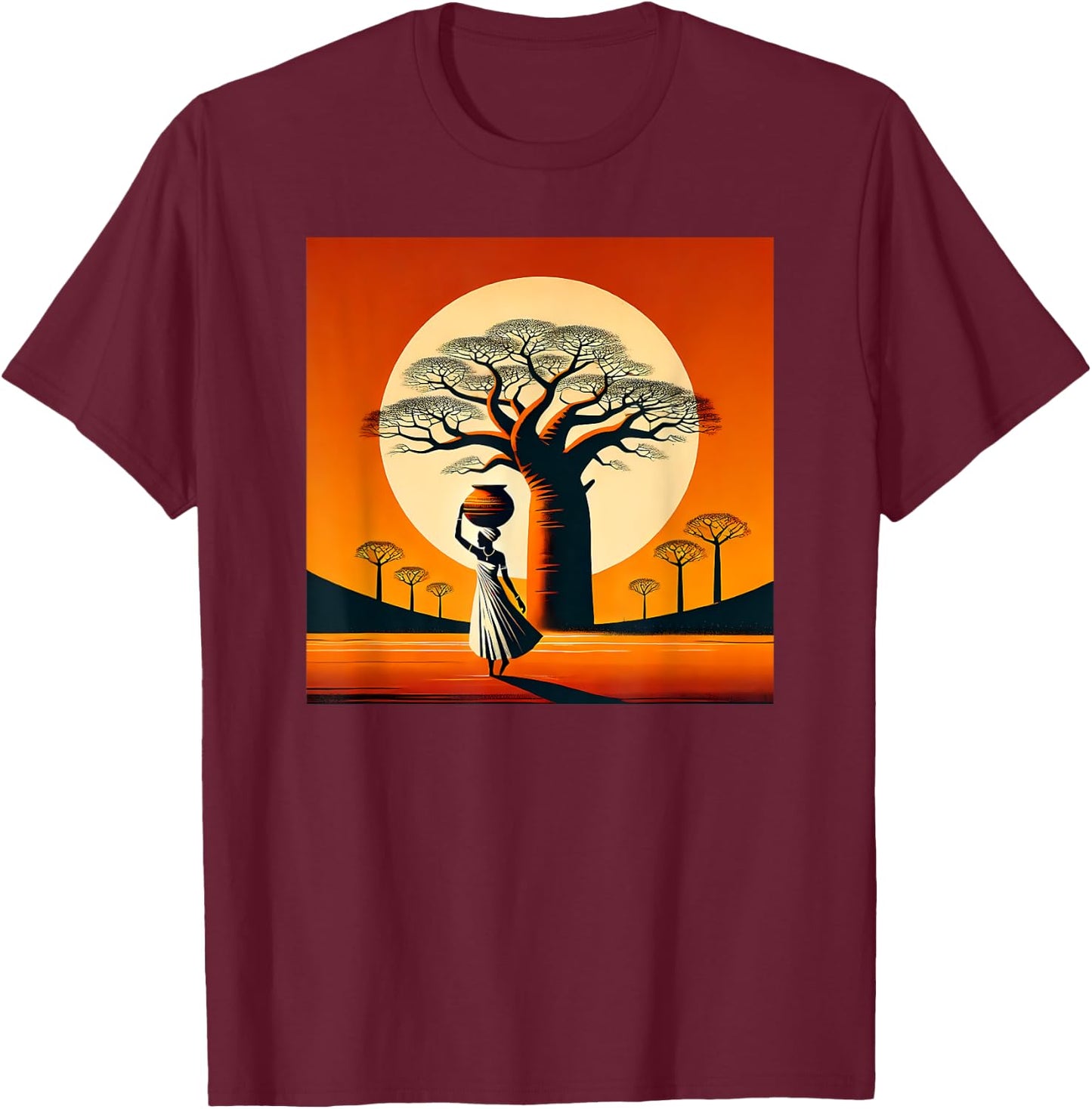 African Baobab, Sunset, Minimalist Style, Love Africa T-Shirt - T-Shirt | Maroon
