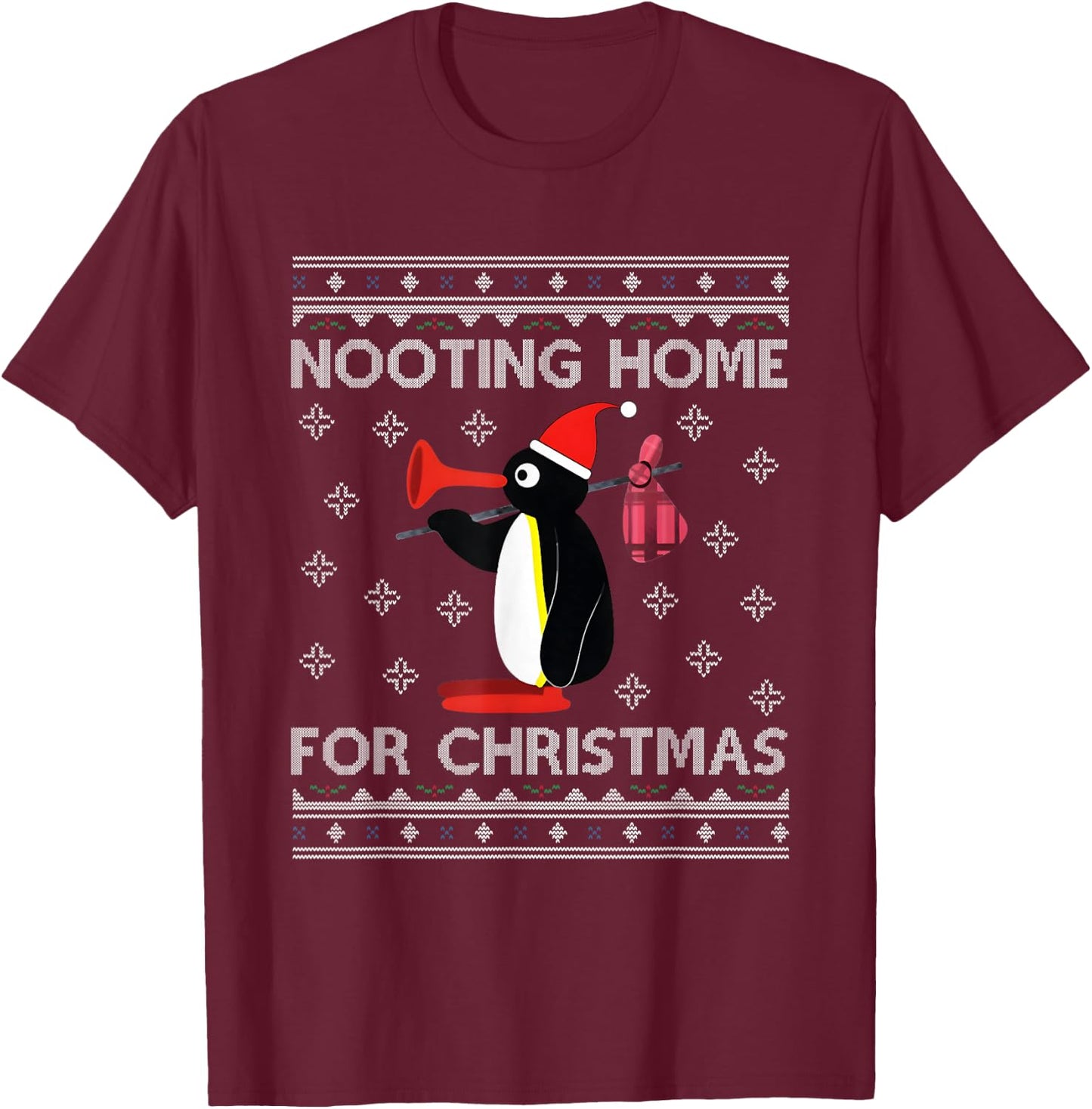 Pingu Nooting Home For Christmas Ugly - Black, Small, -Adults, , Modern , Ugly Christmas, Penguin, Christmas T-Shirt - T-Shirt | Maroon