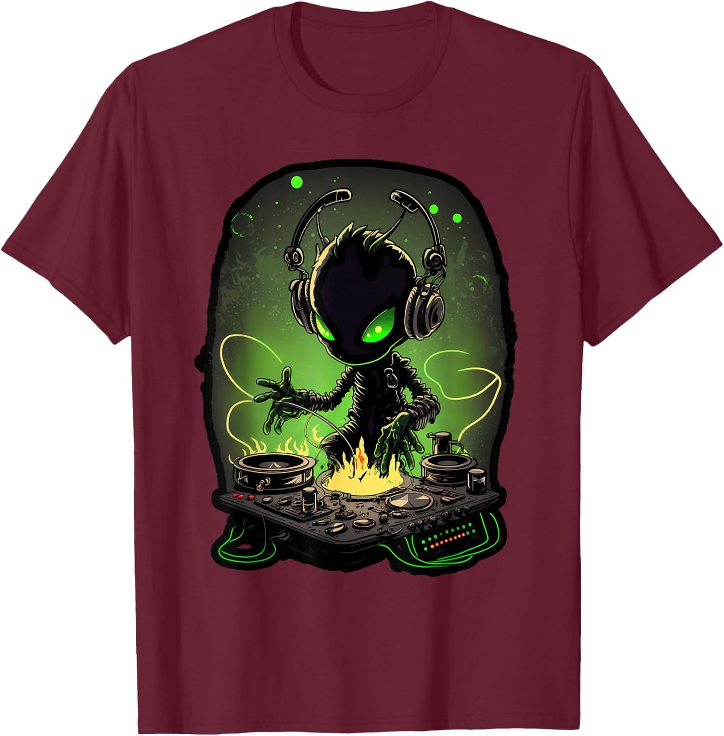 Astronaut Alien DJ, Alien DJing in Space, EDM Alien Rave T-Shirt - T-Shirt | Maroon