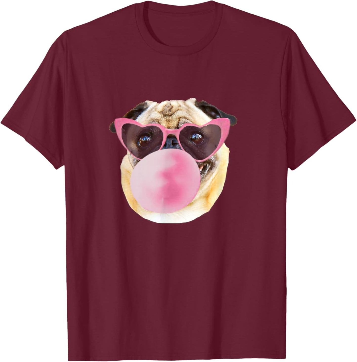 Dog Pug Pink Bubble Gum Heart Sunglasses T-Shirt - T-Shirt | Maroon
