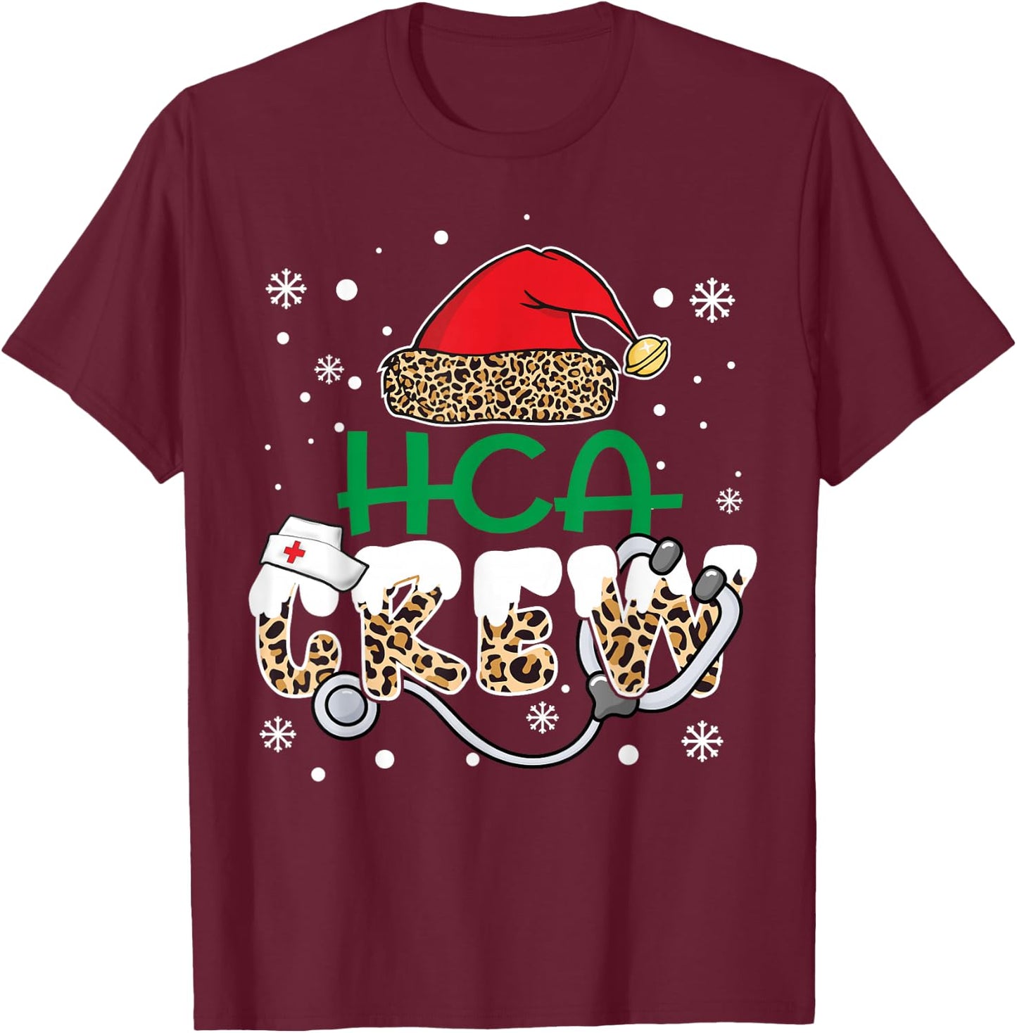 HCA Crew Leopard Santa Hat Stethoscope Funny Nurse Christmas T-Shirt - T-Shirt | Maroon