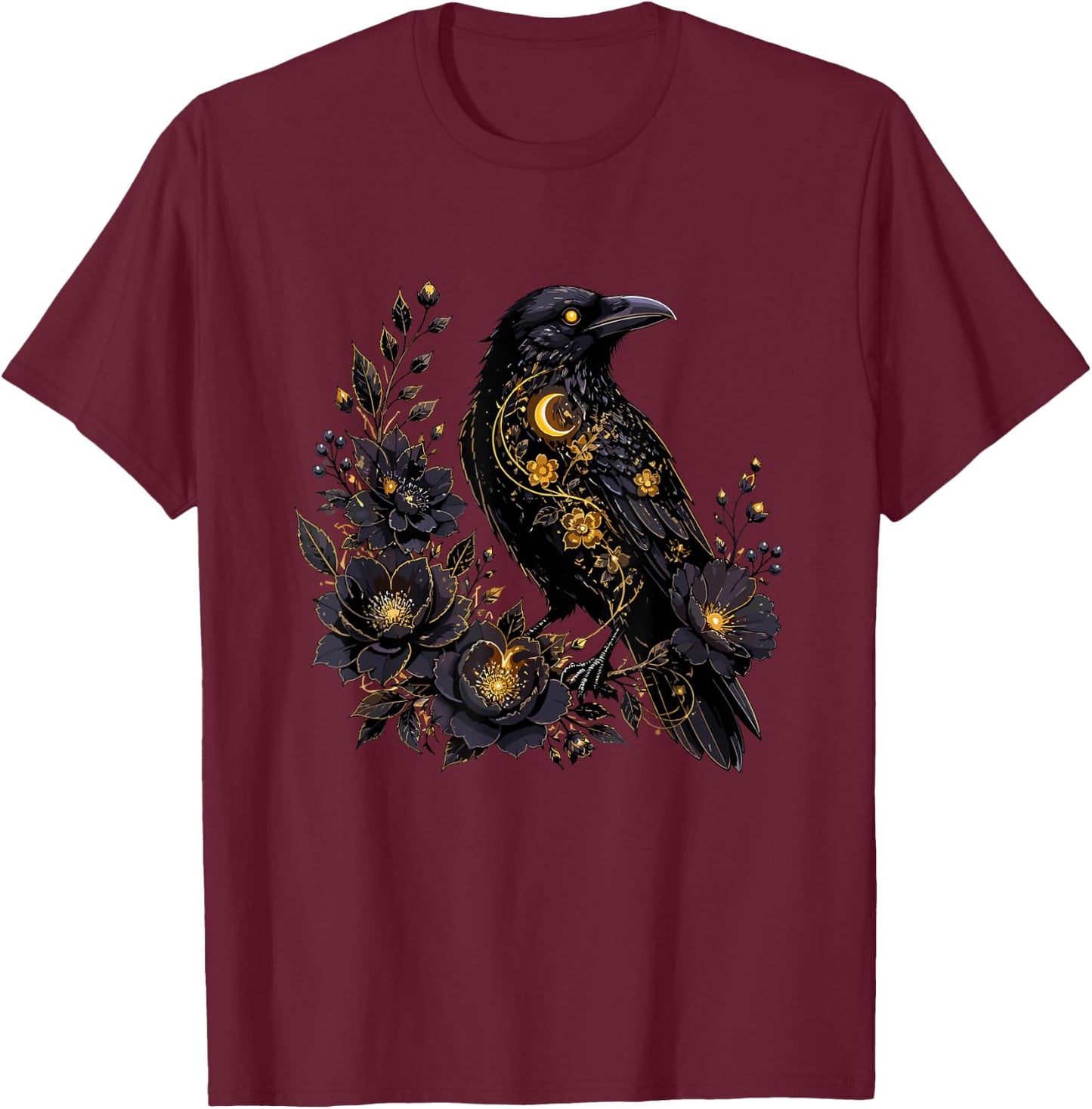 Celestial Raven with Moon and Dark Flowers T-Shirt - T-Shirt | Maroon