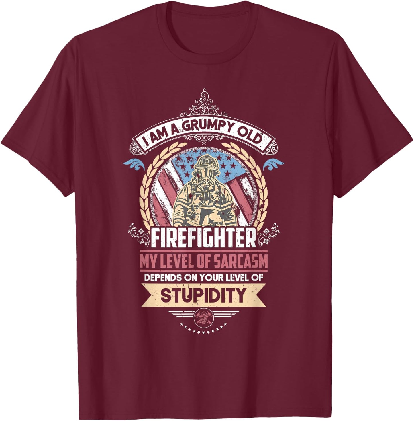 Grumpy Old Firefighter Patriotic Usa American Flag T-Shirt - T-Shirt | Maroon