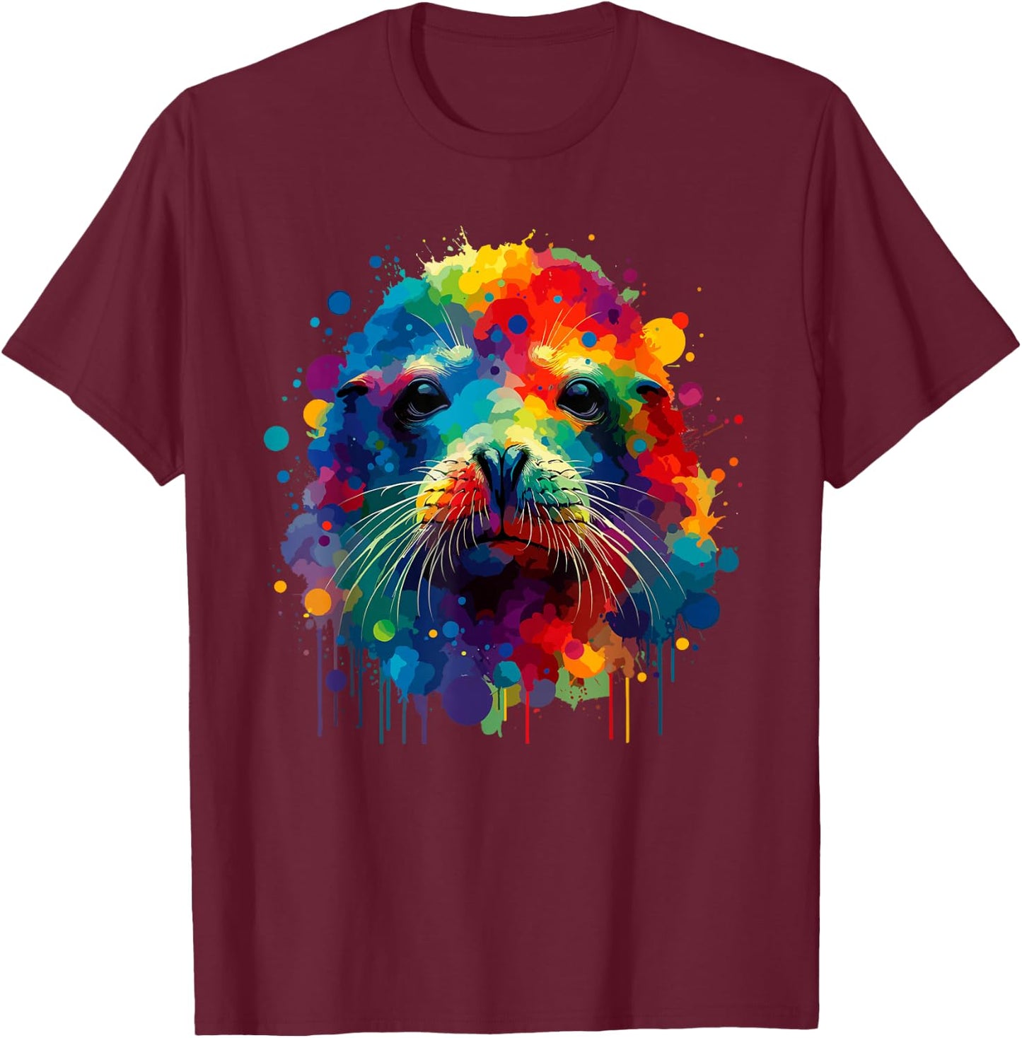 Colorful Splash Art Hawaiian Monk Seal Seals T-Shirt - T-Shirt | Maroon