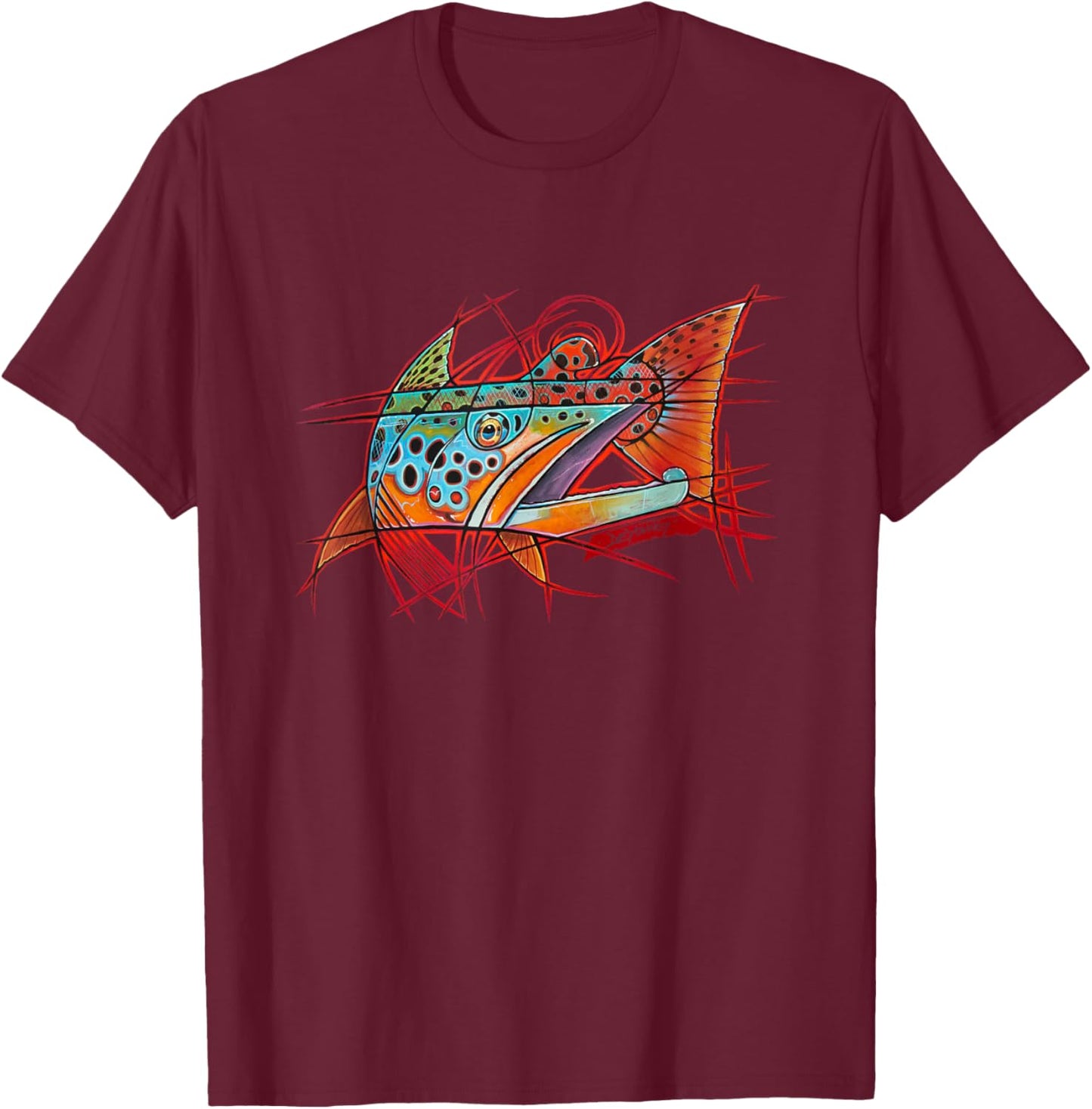 Cubist Brown Trout Fishing Derek DeYoung T-Shirt - T-Shirt | Maroon