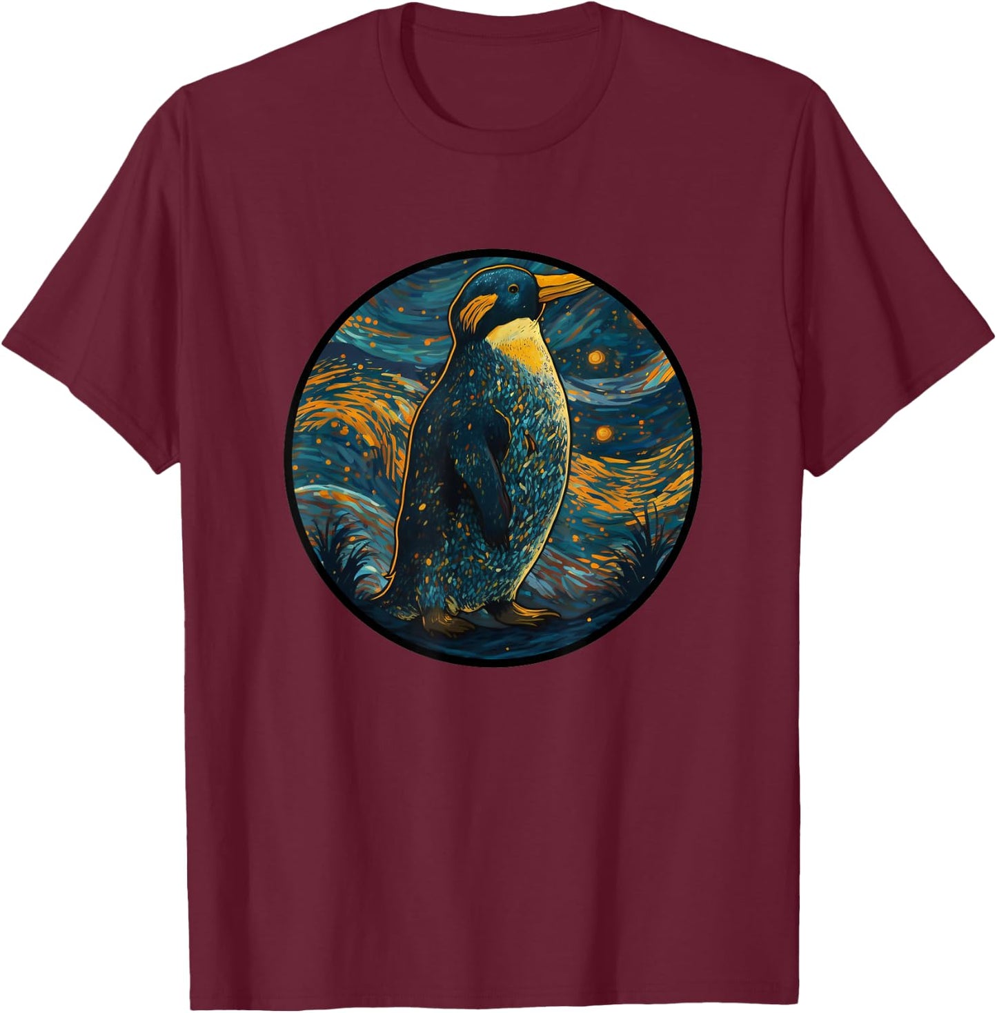 Macaroni Penguin in Starry Night Painting Men Women Kids T-Shirt - T-Shirt | Maroon