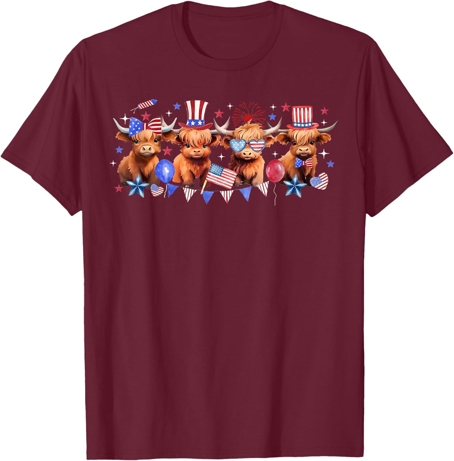 American Flag Highland Cow 4th of July Funny Cows Lover Cool T-Shirt - T-Shirt | Maroon