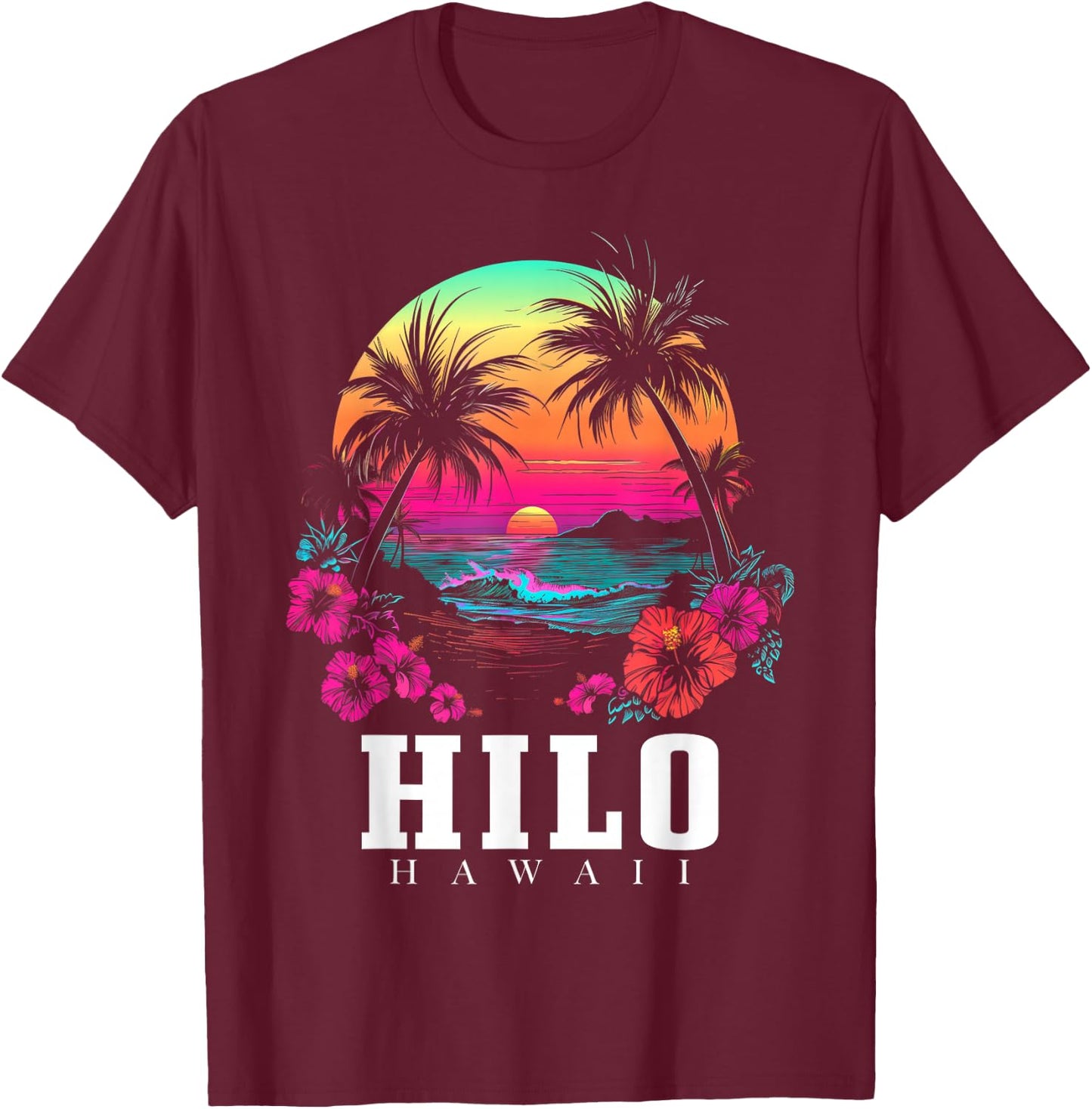 Hilo Hawaii Hawaiian Hibiscus Flowers Surfer Souvenir T-Shirt - T-Shirt | Maroon
