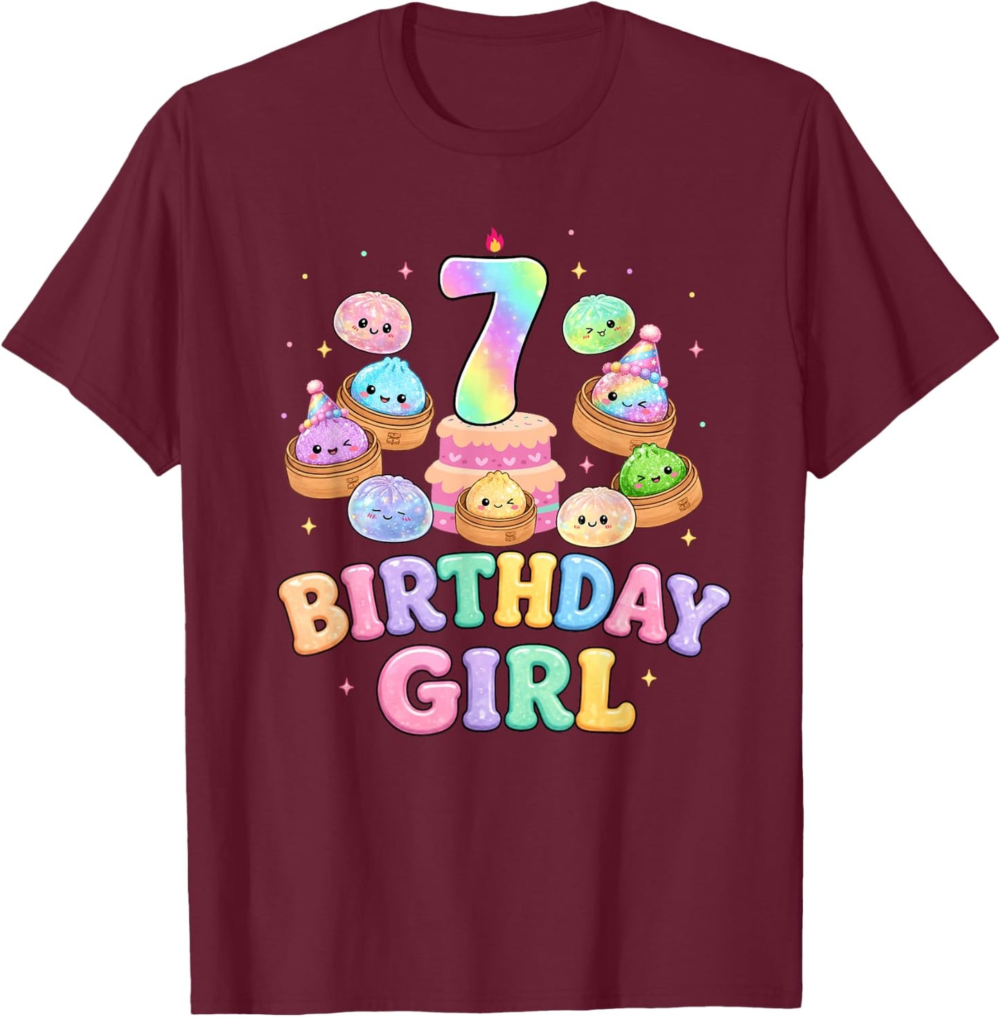 7th Birthday Girl Dumpling Shirt Cute Kawaii Dumpling Party T-Shirt - T-Shirt | Maroon