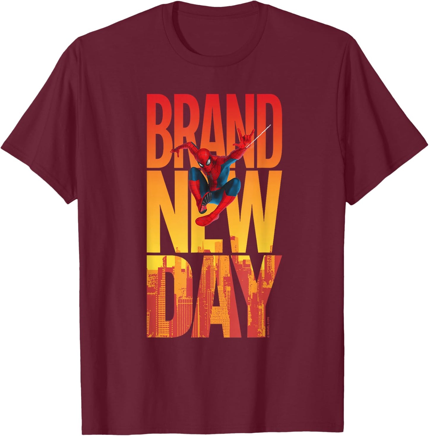 Marvel Spider-Man: New Day Spidey Sunset Text Stack T-Shirt - T-Shirt | Maroon
