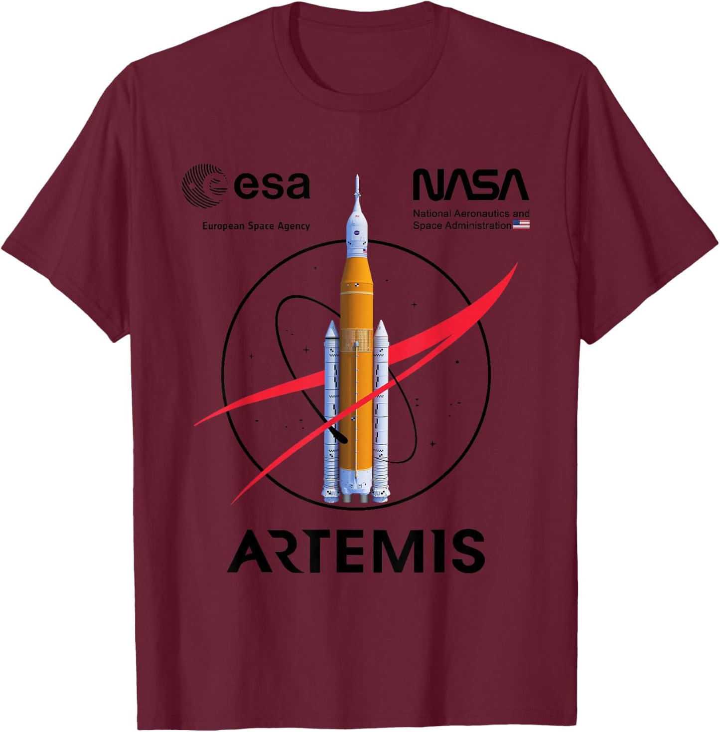 NASA Artemis Mission SLS Worm und ESA Logo T-Shirt - T-Shirt | Maroon