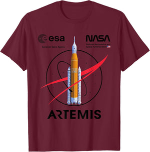 NASA Artemis Mission SLS Worm und ESA Logo T-Shirt - T-Shirt | Maroon