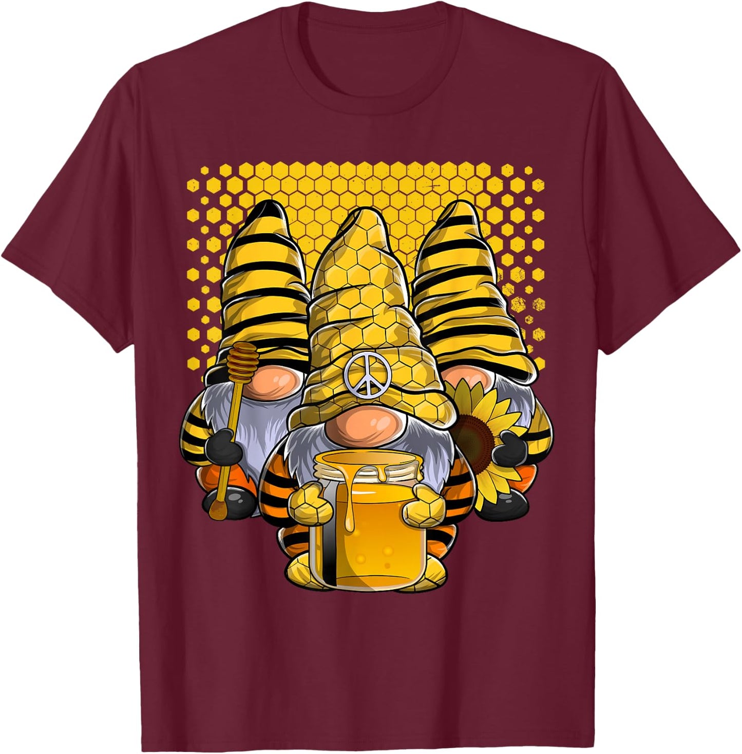 Three Honey Gnomes Sunflower Bee Peace Gnome T-Shirt - T-Shirt | Maroon