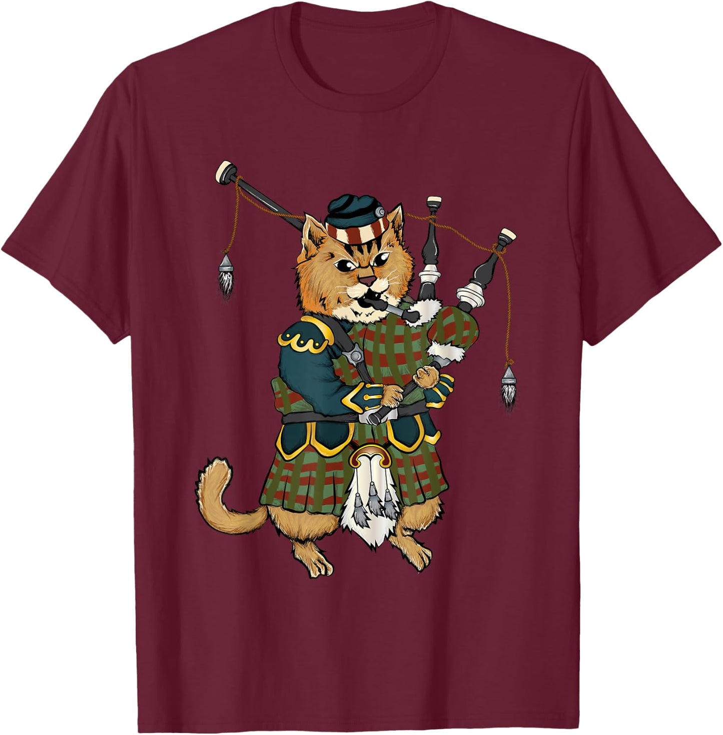 Cat With Bagpipe I Scottish Uniform Music Kilt T-Shirt - T-Shirt | Maroon