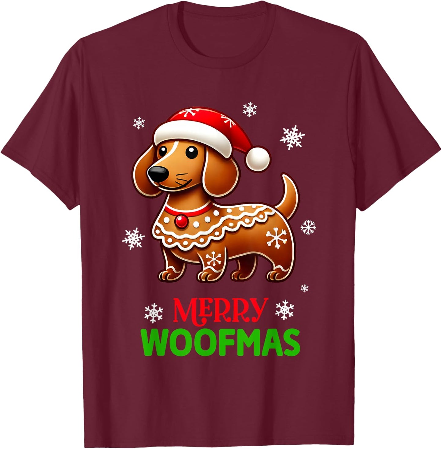 Gingerbread Weiner Dog Merry Woofmas Dachshund Christmas T-Shirt - T-Shirt | Maroon