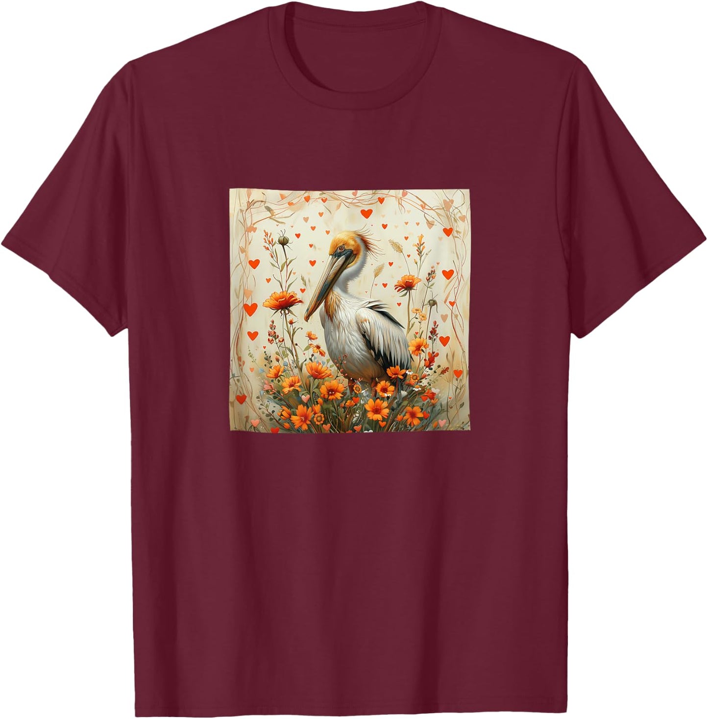 Pelican Flowers With Hearts Around Boho Style Graphic T-Shirt - T-Shirt | Maroon