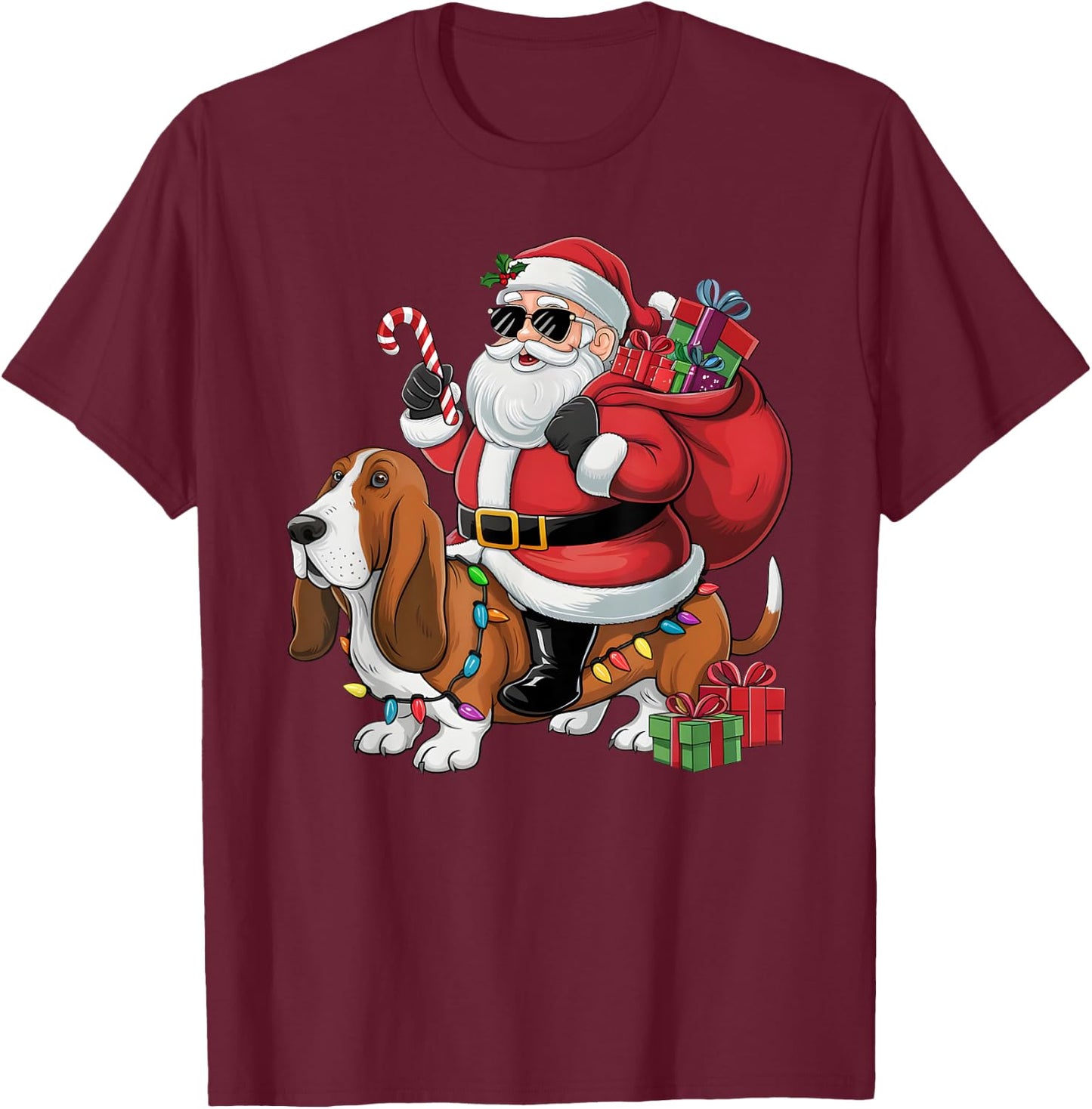 Xmas Lighting Funny Santa Riding Basset Hound Dog Christmas Men Women Kids T-Shirt - T-Shirt | Maroon