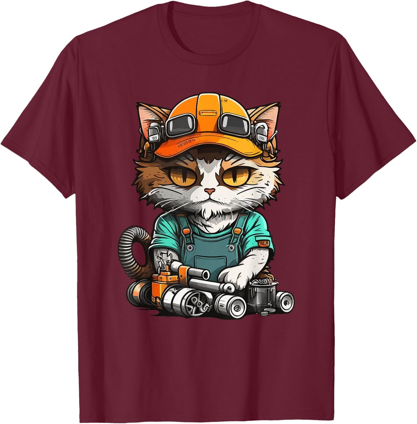 Manga Mechanic Cat - Repair Fun with Cat Flair T-Shirt - T-Shirt | Maroon