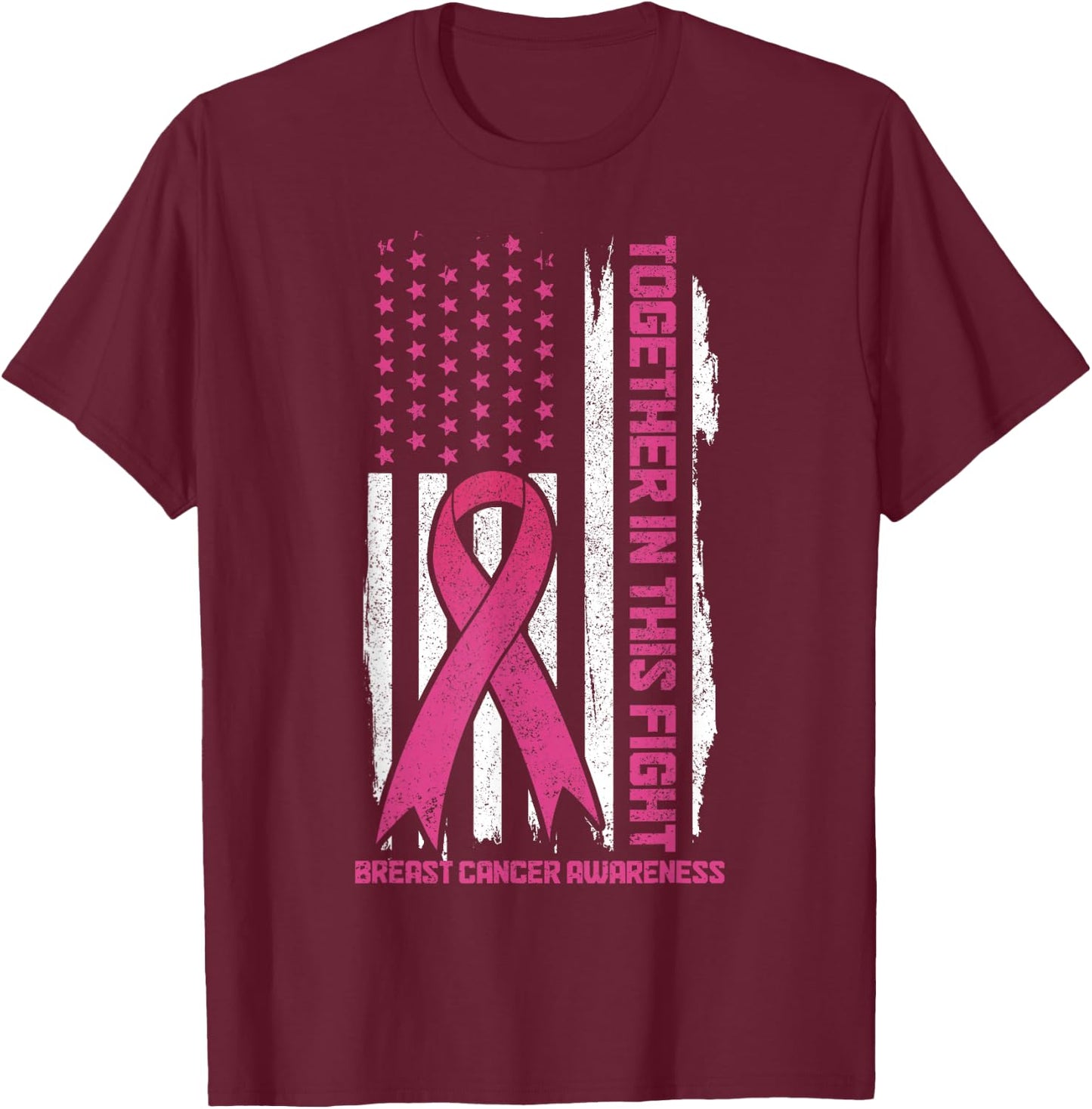 Breast Cancer Awareness Pink Ribbon American Flag Patriotic T-Shirt - T-Shirt | Maroon