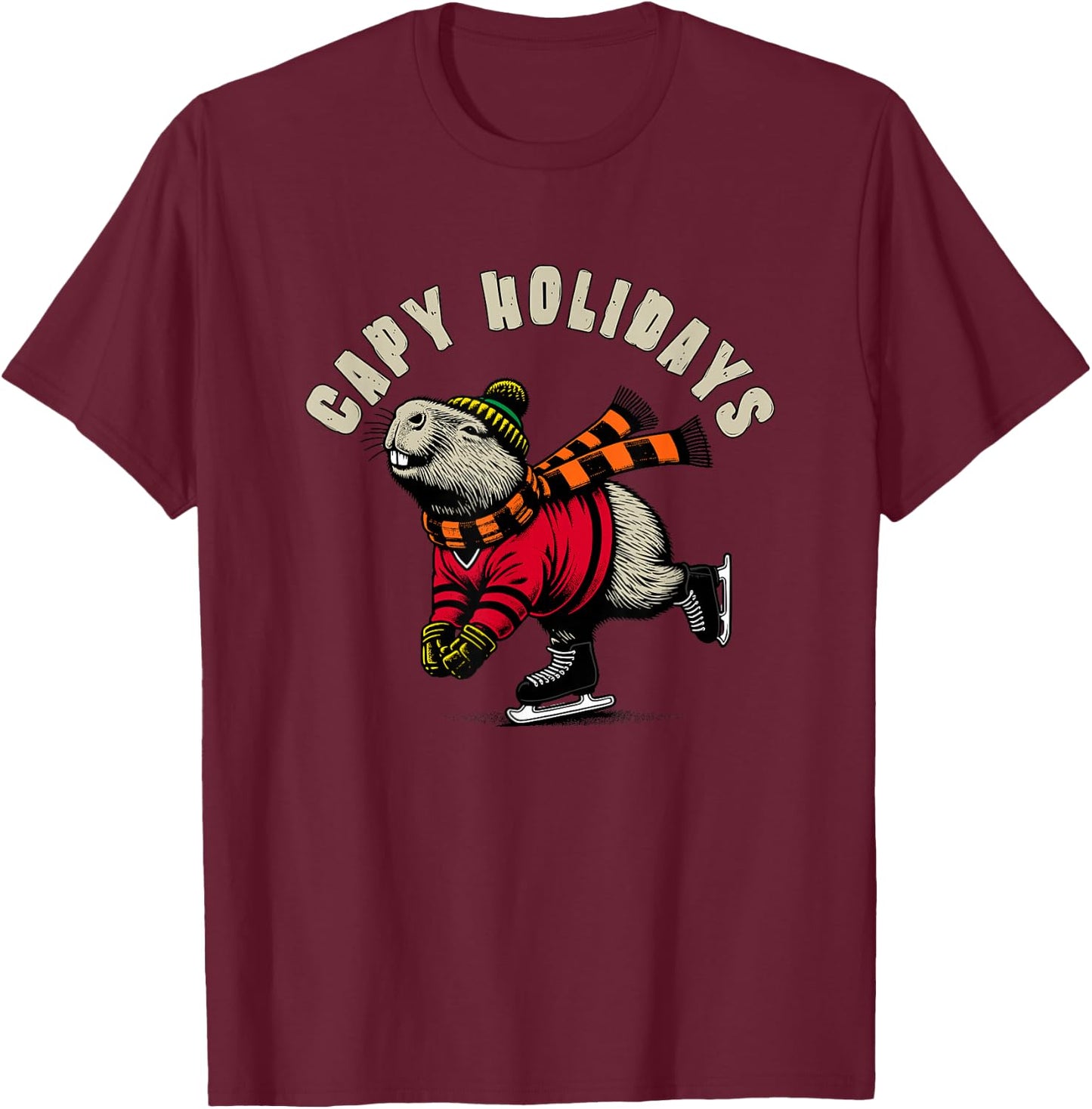 Funny Capybara Holiday Capy Holiday Ice Skating Capybara T-Shirt - T-Shirt | Maroon