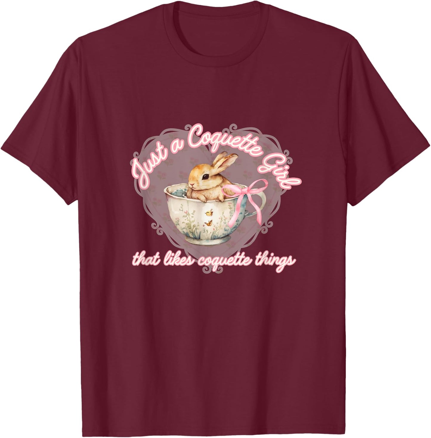 Coquette Bow Simple Pink Cute Girl, Bunny Coquette Things T-Shirt - T-Shirt | Maroon