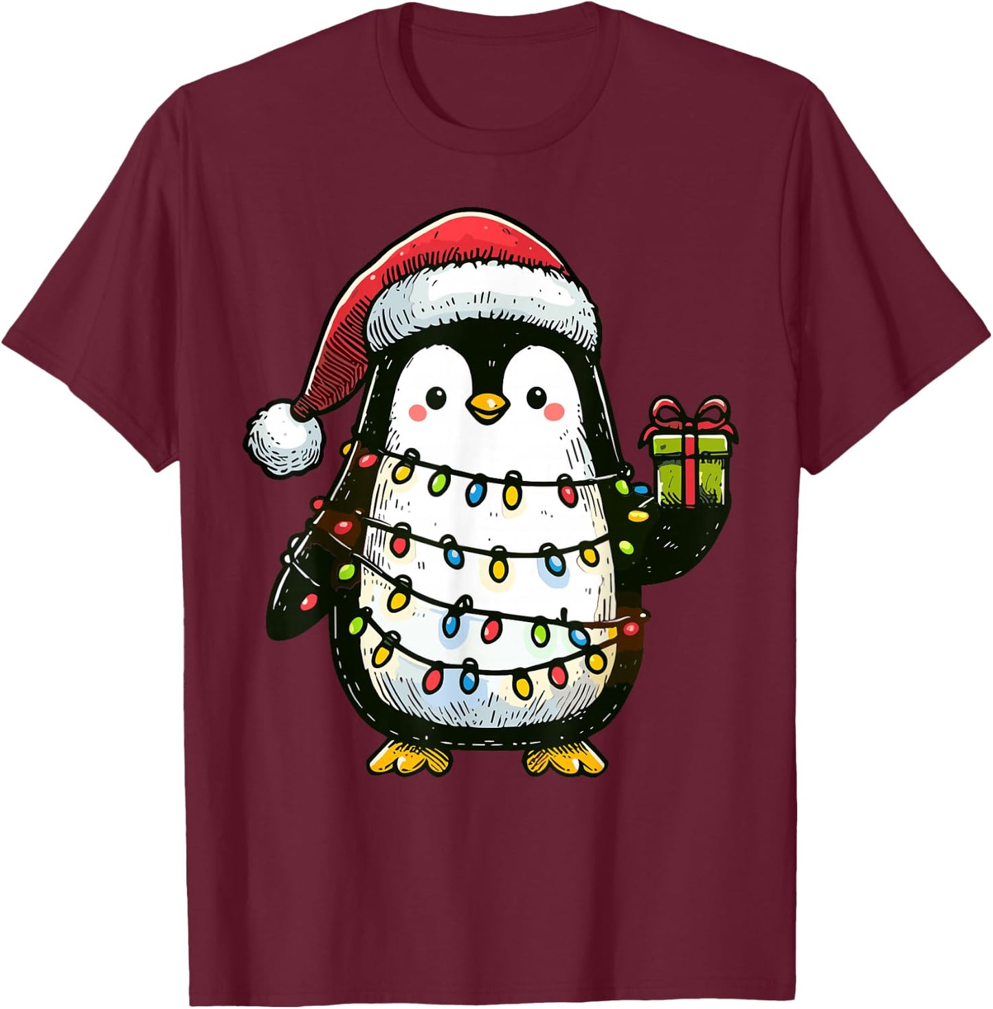 Penguin Wearing Santa Claus Hat Holding A Present Box Xmas T-Shirt - T-Shirt | Maroon