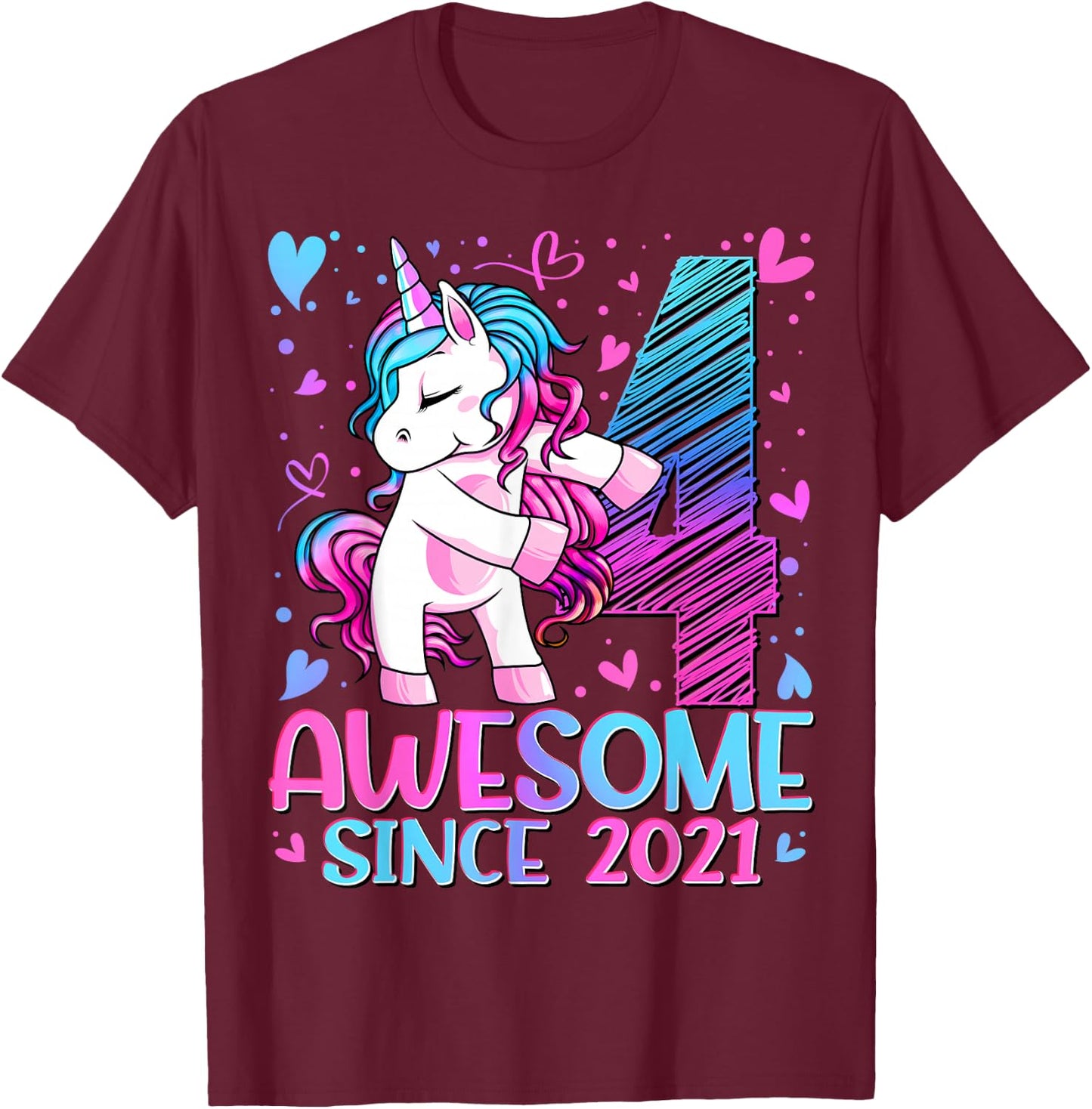 4 Year Old Unicorn Gifts For Girls 4th Birthday Girl Party T-Shirt - T-Shirt | Maroon