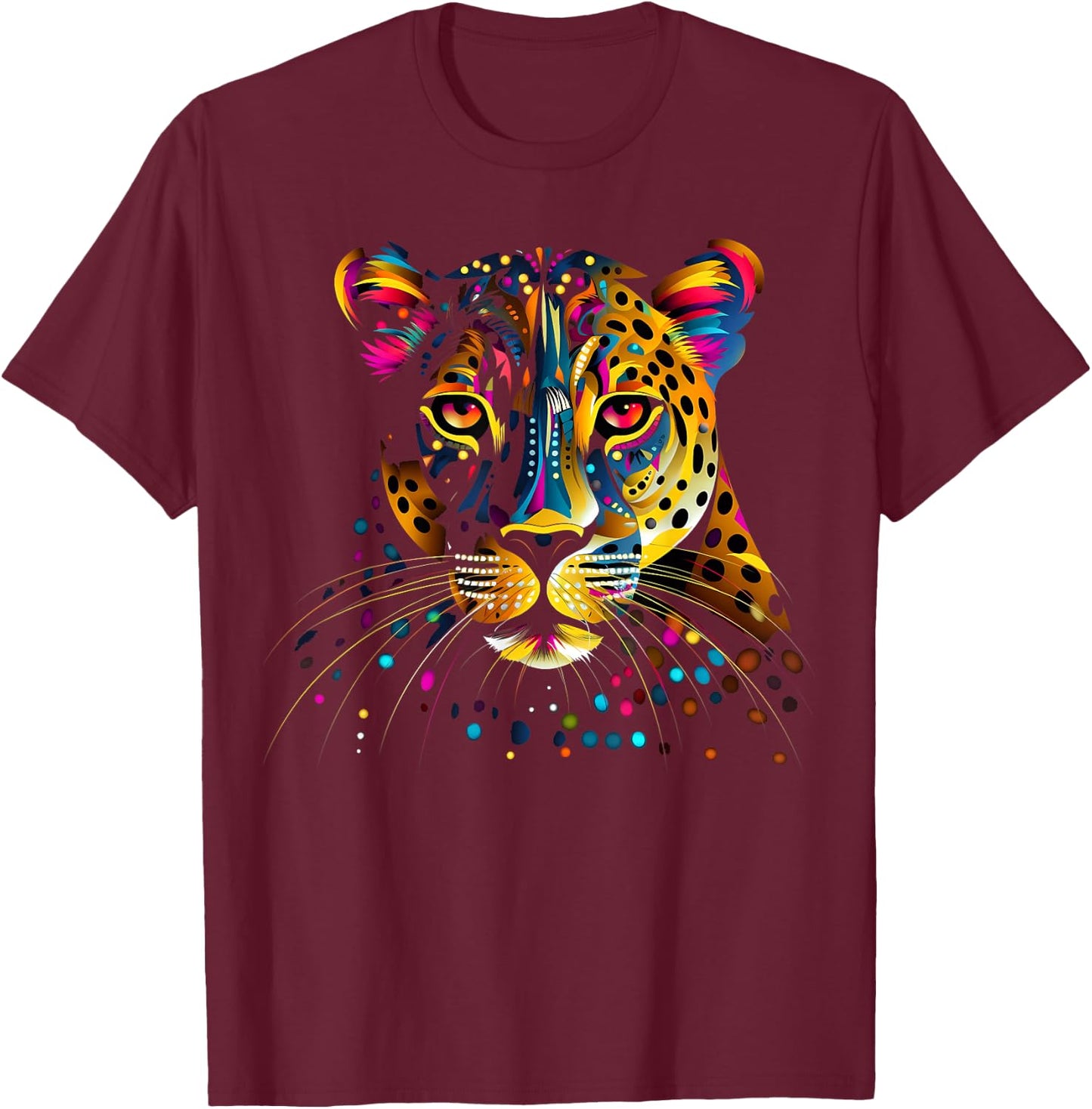 Colorful Leopard Face Jaguar Animal Big Cats Panther Black T-Shirt - T-Shirt | Maroon