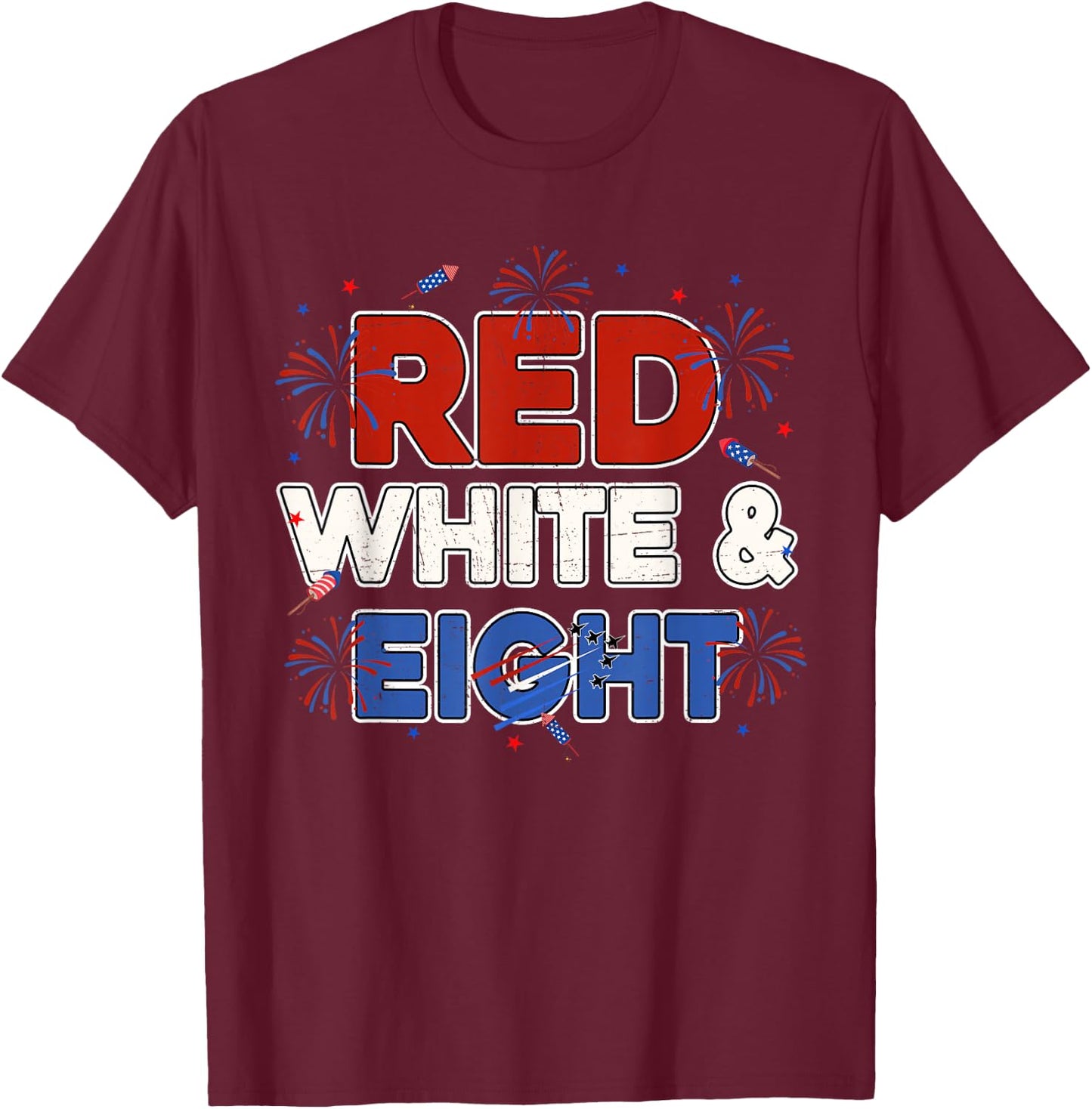 Red White & Eight 8th Birthday 4th July Fireworks Airplane T-Shirt - T-Shirt | Maroon