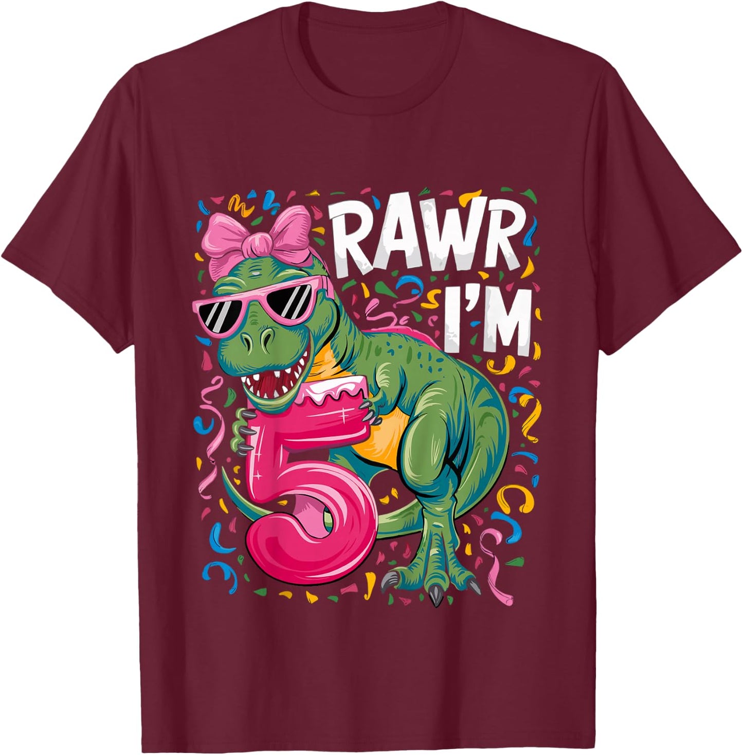 5 Year Old T Rex Dinosaur 5nd Birthday Girl T-Shirt - T-Shirt | Maroon
