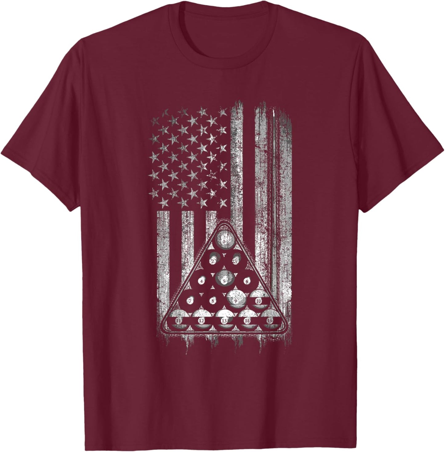 Pool Player American Flag Cue Stick and Billard Balls USA T-Shirt - T-Shirt | Maroon
