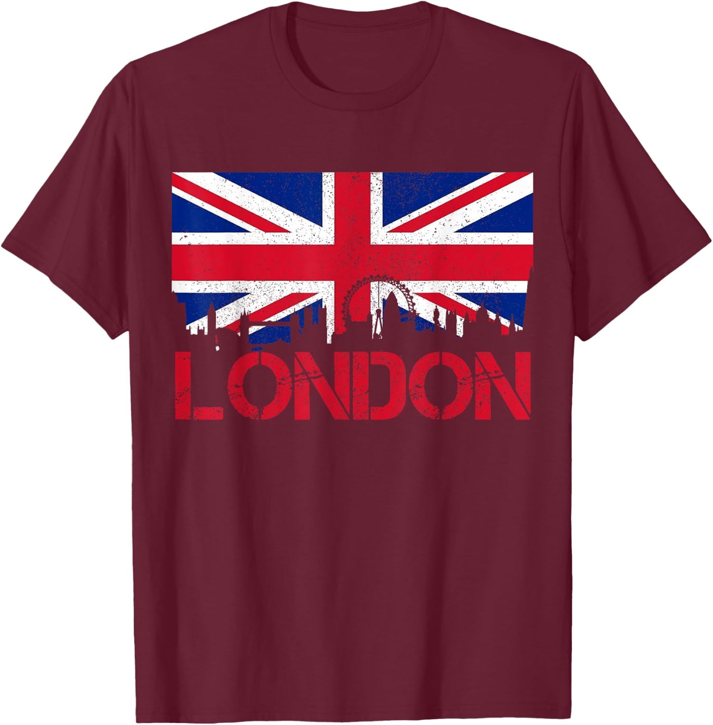 London Skyline UK England Union Jack T-Shirt - T-Shirt | Maroon