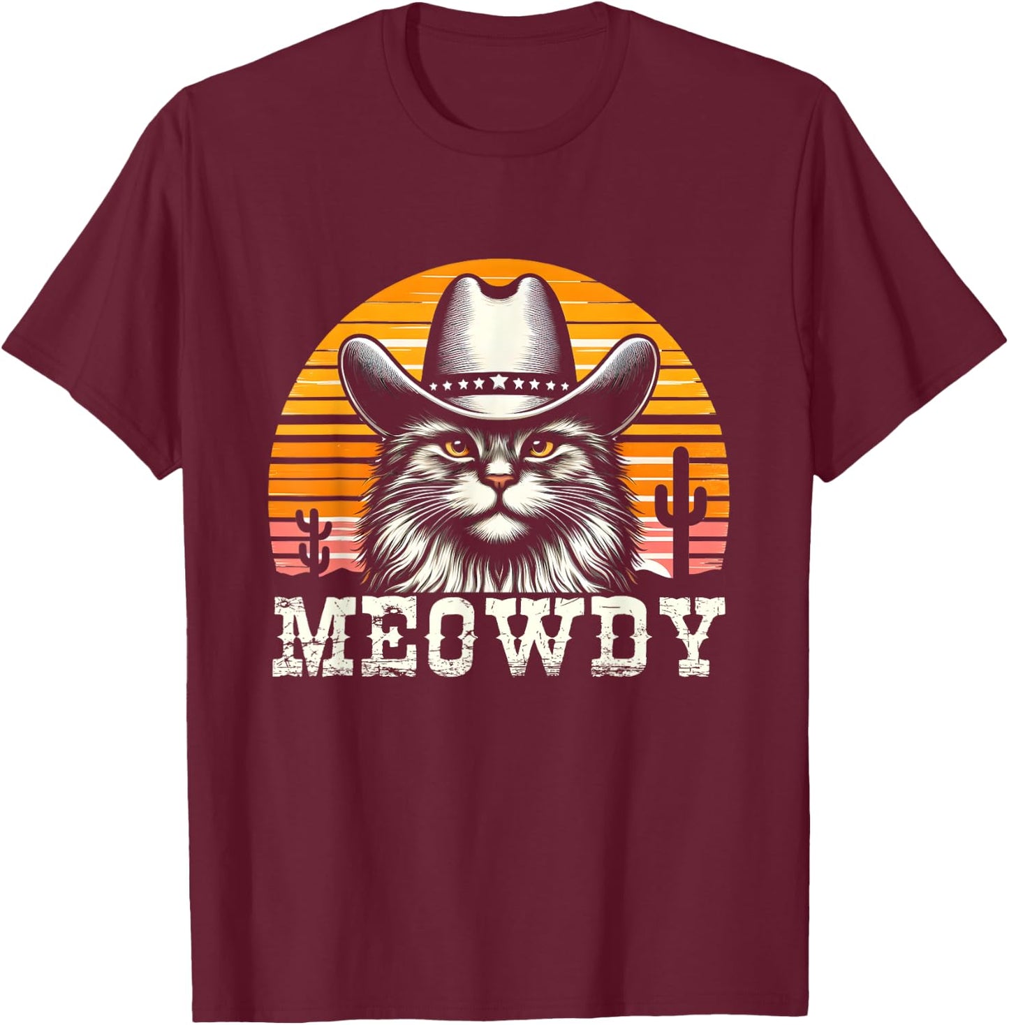 Meowdy Country Music Vintage Cat Cowboy Hat Western T-Shirt - T-Shirt | Maroon