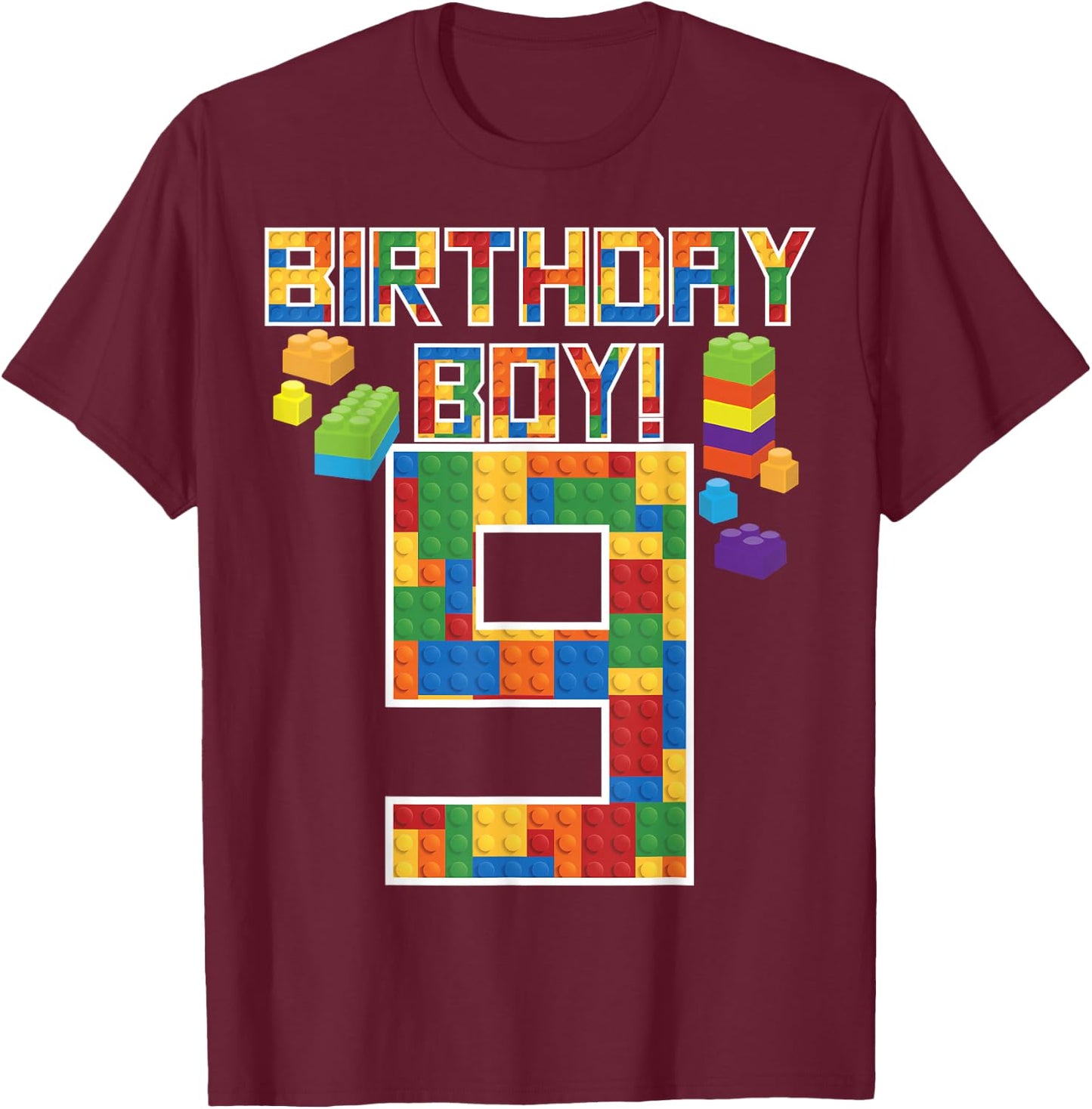 Cute 9th Birthday Gift 9 Years Old Block Building Boys Kids T-Shirt - T-Shirt | Maroon