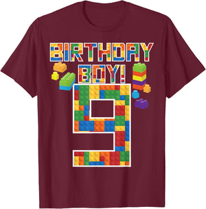 Cute 9th Birthday Gift 9 Years Old Block Building Boys Kids T-Shirt - T-Shirt | Maroon
