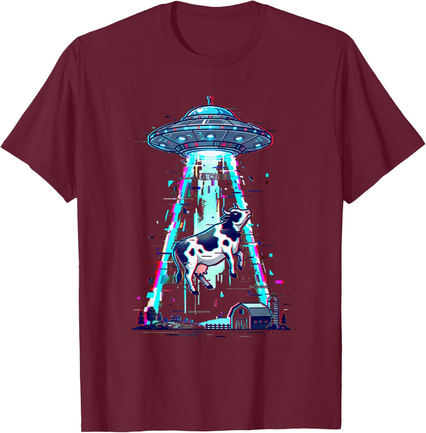 Funny Cow Abduction UFO Glitch Art Alien Meme Space Boys Men T-Shirt - T-Shirt | Maroon