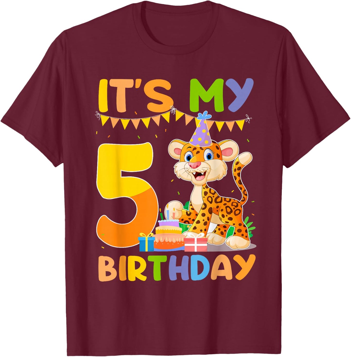 It's My 5th Birthday Leopard Cheetah 5 Year Old Birthday Par T-Shirt - T-Shirt | Maroon
