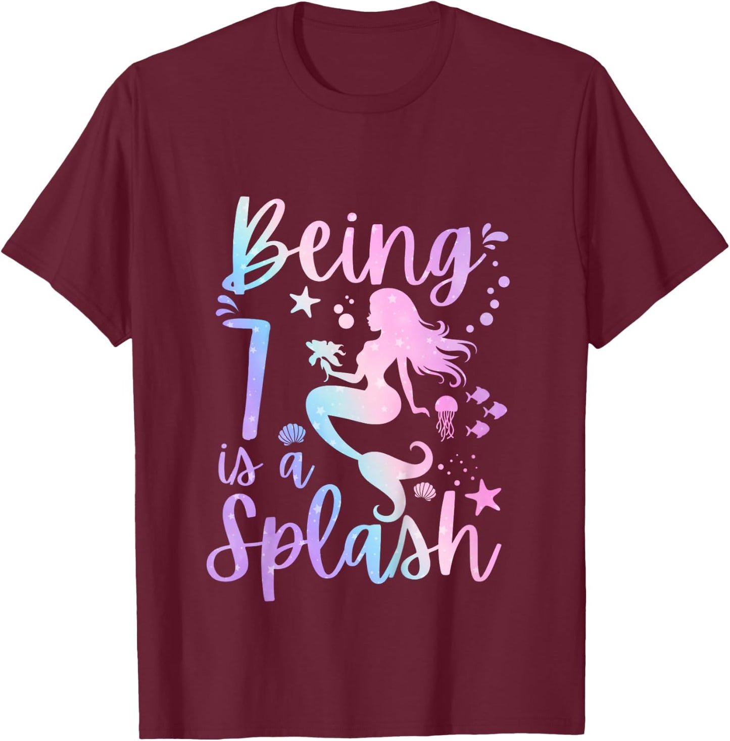7 Year Old 7th Mermaid Birthday Under Sea Party Themed T-Shirt - T-Shirt | Maroon