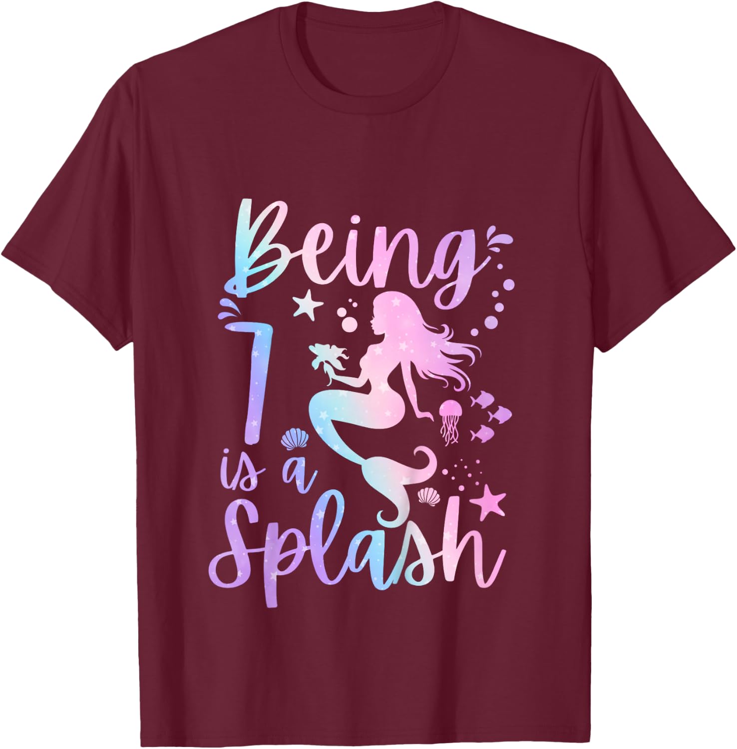 7 Year Old 7th Mermaid Birthday Under Sea Party Themed T-Shirt - T-Shirt | Maroon
