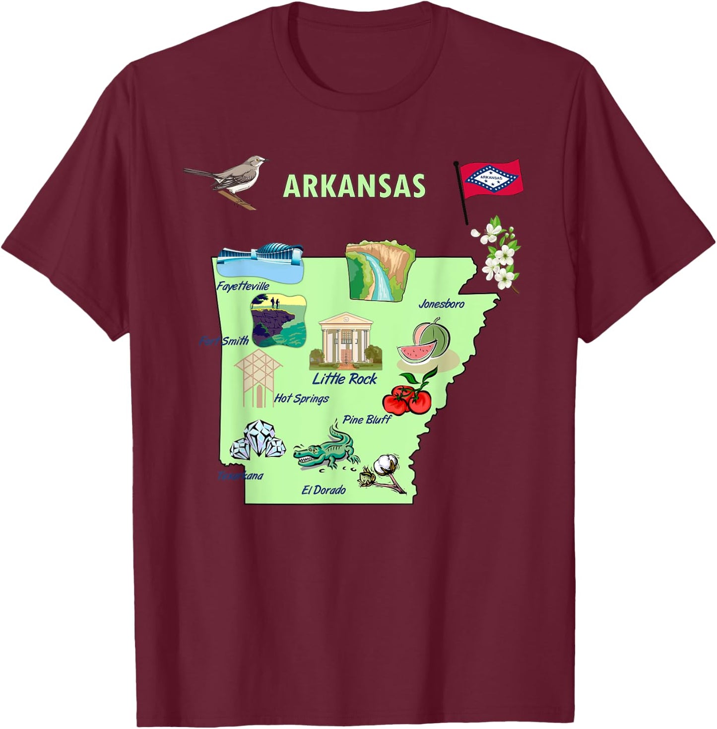 Arkansas state tourist map, landmarks, famous symbols, USA T-Shirt - T-Shirt | Maroon