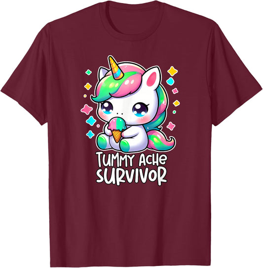 Tummy Ache Survivor Cute Unicorn My Tummy Hurts Meme Kids T-Shirt - T-Shirt | Maroon