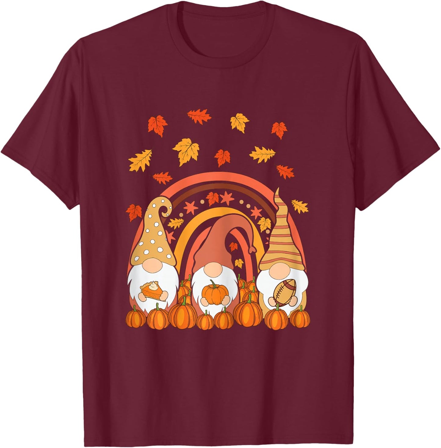 Thanksgiving Colorful Rainbow Pumpkin Fall Leaf Gnomes T-Shirt - T-Shirt | Maroon
